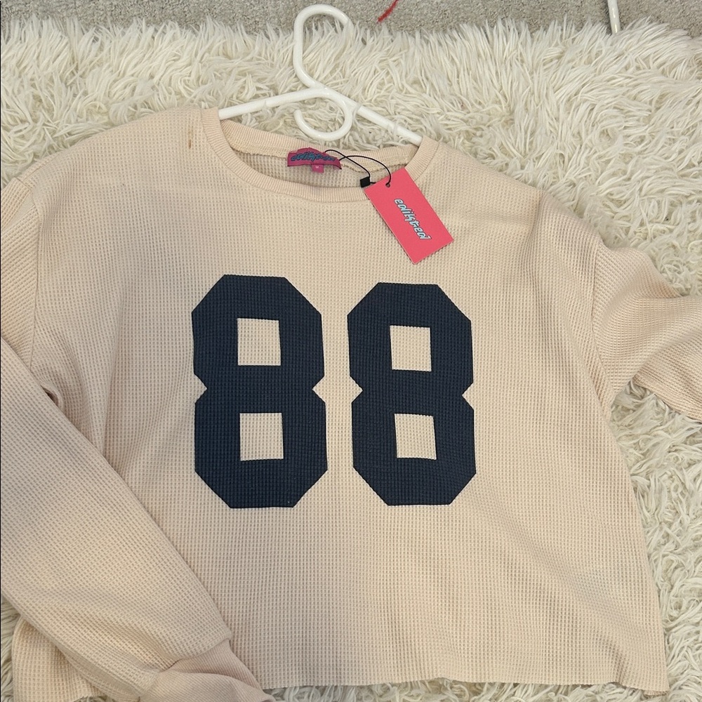 Edikted Beige Waffle Knit Sweatshirt with Navy '88' Graphic
